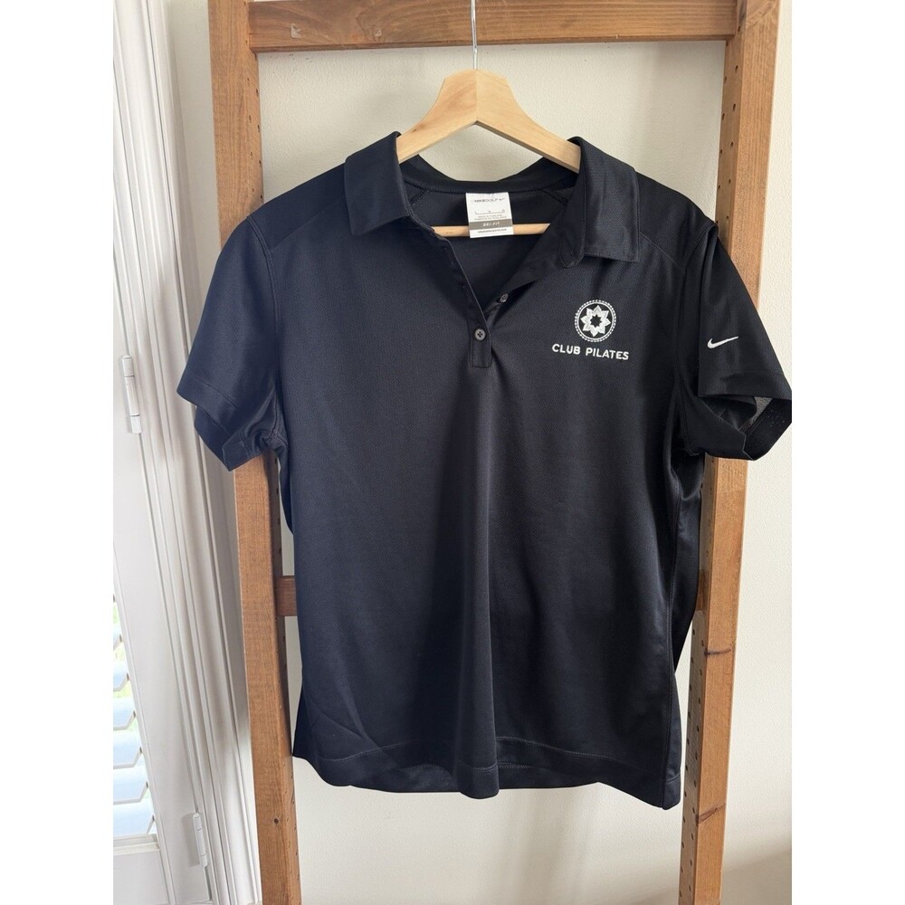 Club Pilates Black Short Sleeve Polo Shirt Women’s Size Large Nike Golf Dri-Fit
